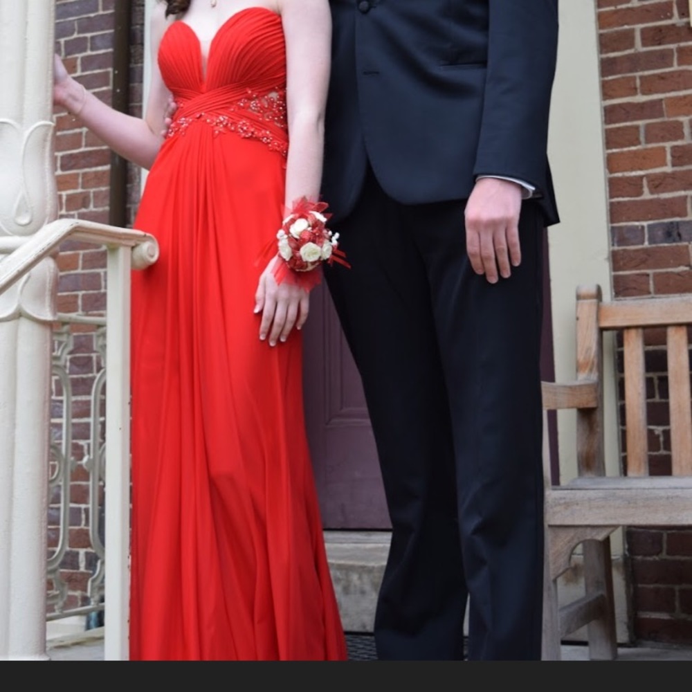 Red strapless prom dress